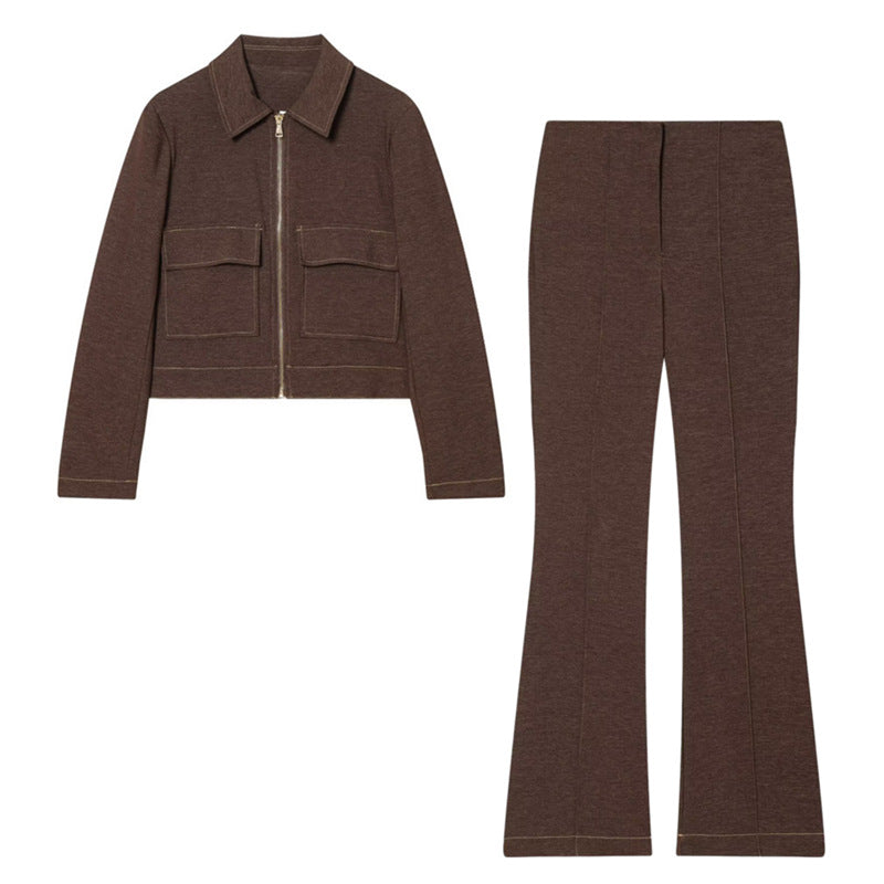 New Womens Clothing Lapel-collar Casual Short Jacket And Flared Pants