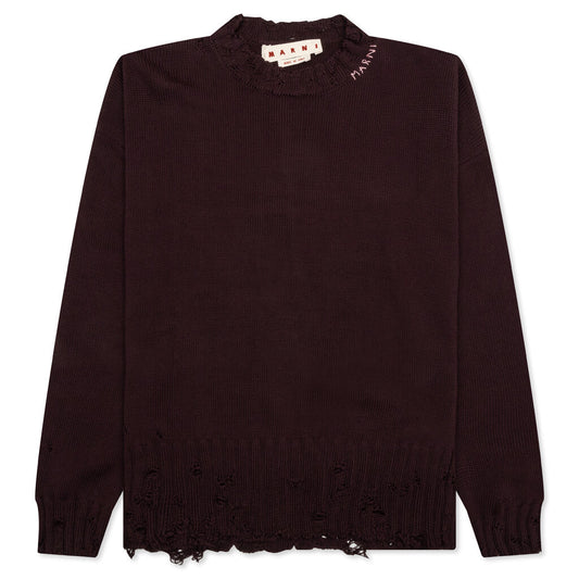 Round Neck Distressed Sweater - Dark Raisin
