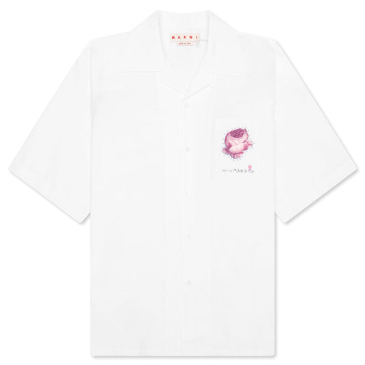 White Organic Poplin Bowling Shirt with Flower Patch - Lily White