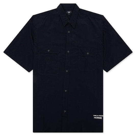 Curved Hem Nylon Short Sleeve Shirt - Navy/White